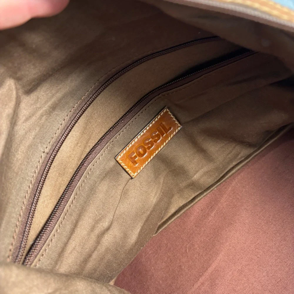 Vintage Fossil Blue Canvas Brown Leather Duffle Bag Travel Classic Preppy Retro